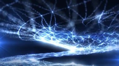 Parlak ışık ışınları ve hareket eden toz ve ışık parçacıklarıyla soyut ve enerjik bir arkaplan. Kusursuz döngü. Hiper uzay yıldızlardan uzaya sıçrar.