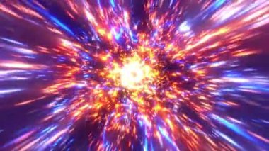 Abstract energetic background with bright rays of light and bright glowing moving particles of dust and light. seamless loop. Hyperspace jump through the stars into space.