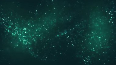 Lüks yeşil bir zemin üzerinde hareket eden güzel ışık ve toz parçacıklarının soyut arkaplanı. Güzel nebula. 4k döngü bokeh arkaplanı