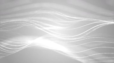 Mavi beyaz zemin üzerinde hareket eden parçacık ve noktaların soyut parlayan dalgası, büyük veri görselleştirmesi, iş sunumları için fütüristik kurumsal ve dijital arkaplan, 3D, 4K, kusursuz döngü