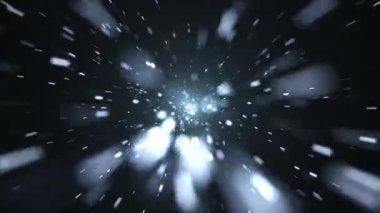 Kameraya doğru uçan parlak toz parçacıkları ile soyut ve zarif bir arkaplan. Kusursuz 4k döngü videosu