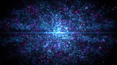 Sihirli parçacıkların mavi renkli soyut arkaplanı, parçacıklar dalga enerjisi ile parlar ve hareket eder, güzel nebula, peri tozu, kusursuz döngü