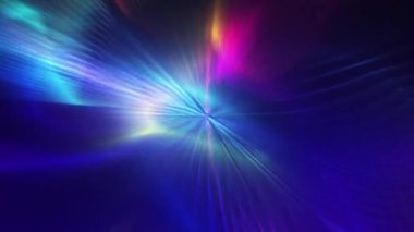 Mavi, mor ve pembe renkli parlak ışık huzmeleri dinamik bir şekilde koyu arkaplanda hareket ediyor. Teknoloji ve müzik görselleri için geleceksel hareket arkaplanı, enerji dalgaları, dijital ışık akışı