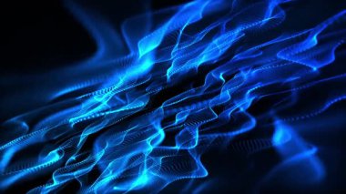 Parlayan parçacıkların ve çizgilerin dinamik mavi dalgası, koyu arkaplanda hareket halinde. Fütüristik teknoloji arka planı, dijital enerji akışı, veri canlandırma animasyonu