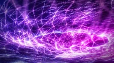 Parlayan mor ve pembe parçacıkların dalgaları dinamik bir sinir ağı oluşturuyor. Teknoloji, veri, yapay zeka ya da fütürist bilim temaları için soyut dijital arka plan mükemmeldir. Kusursuz döngü canlandırması