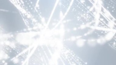 Beyaz parlak parçacıklar hafif açık gri arkaplanda kıvrılarak kış, kar yağışı, teknoloji ve temiz modern tasarım projeleri için mükemmel soyut bir hareket yaratıyorlar.