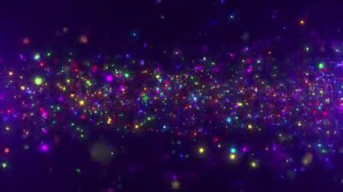 Koyu mor bir zeminde yüzen renkli parlayan parçacıklar canlı, neşeli ve büyülü bir atmosfer yaratıyor. Kutlama, parti ve tatil tasarım projeleri için mükemmel. Kusursuz döngü