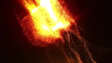 Parlak turuncu ve altın parçacıklar karanlık uzayda soyut bir ateş patlaması oluşturuyorlar. Hareket grafikleri, şenlik, enerji ve kozmik projeler için mükemmel bir dinamik arkaplan. Kusursuz döngü 4k