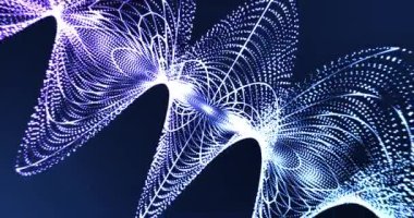 Gelecekçi soyut mavi ışık parçacıkları karanlık bir arkaplan üzerinde dönen geometrik desenler oluşturarak modern tasarım projeksiyonları için dinamik, teknolojik bir dijital dalga etkisi yaratırlar.