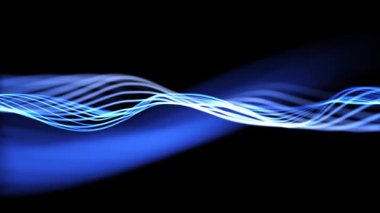 Pürüzsüz mavi ışık dalgaları siyah bir arkaplanda ritmik olarak hareket eder. Teknoloji, müzik, ses görselleştirme veya modern dijital tasarım için mükemmel fütüristik soyut animasyon. Kusursuz döngü