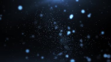 Yüzen mavi bokeh parçacıkları olan soyut koyu arkaplan. Şık ve yumuşak hareket efekti kutlama, sihir, gece gökyüzü, rüya sahneleri veya dijital arka planlar için mükemmeldir.