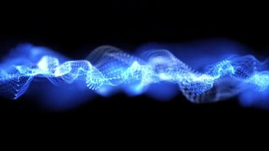 Akan mavi parçacıklar koyu bir arkaplanda dinamik dalga deseni oluşturur. Teknoloji, veri ya da soyut geçmiş ve sunumlar için fütüristik dijital animasyon ideali. Kusursuz döngü