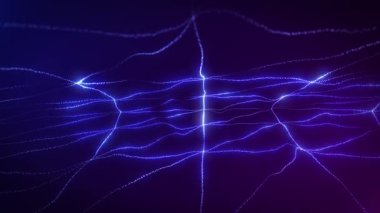 Dinamik parlayan mavi çizgiler koyu mor bir arkaplan boyunca bükülüp bağlanıyor, soyut, fütüristik bir ağ ya da sinirsel ızgara yaratıyor, teknoloji, bilim kurgu ya da veri bağlantılı görseller için ideal.