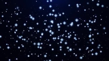 Karanlık arka planda parlayan mavi yıldızlar sihir ve barış ortamı yaratır. Noel projeleri, arka planlar, animasyonlar ve görsel efektler için ideal. Kusursuz döngü.