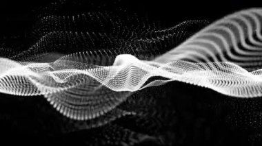 Soyut siyah ve beyaz parçacık akışı dalgası. Bilim, teknoloji, veri görselleştirme veya dijital ağ temalı projeler için fütüristik 3 boyutlu hareket arkaplanı. Kusursuz döngü