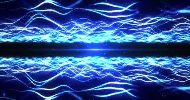 Parıldayan parçacıkların olduğu soyut fütüristik dalga arkaplanı, mavi zemin üzerinde yavaş hareket eden parlayan parçacıklar, veri akışı, siber teknoloji, kusursuz döngü animasyonu 4K