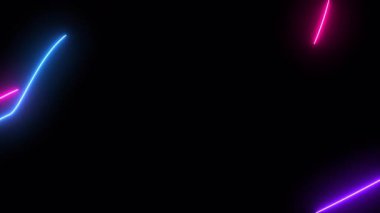 Pembe, mavi ve mor renkli parlak neon çizgiler zarif bir şekilde siyah bir arkaplan üzerinde kıvrılarak canlı kıvrımlı çizgilerin zarif ve modern dinamik bir tasarımını oluşturur..