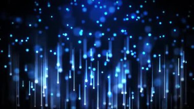 Parlayan mavi parçacıklar ve dikey ışık izleri fütüristik bir arkaplana zarif bir şekilde düşer. Teknoloji, veri veya bilim kurgu görsel kavramlar ve dijital ortamlar için ideal.