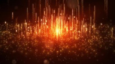 Parıldayan toz parçacıklarının yukarı doğru yükselmesi. Ödüller ve kutlamalar için soyut lüks sim partikülleri. Doğum günlerini ve tatilleri kutlamak için soyut altın parçacıklar konsepti. Döngü.
