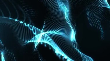 Mavi zemin üzerinde hareket eden parçacıkların ve noktaların soyut siber parlayan dalgası, büyük veri görselleştirmesi, fütüristik ve dijital arkaplan, 3D, 4K, kusursuz döngü