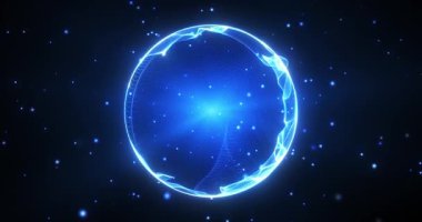 Karanlık arka planda parlayan parlak mavi parçacıkların soyut yuvarlak küresi, parlak noktalardan oluşan enerji topu, küresel top hareketi. Bilim kurgu geçmişi. Kusursuz döngülü video 4K.