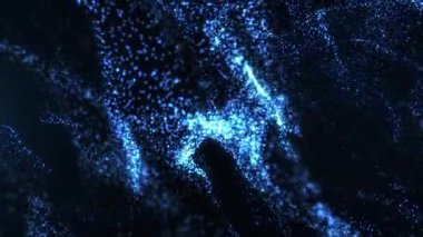 Dijital parçacık dalgaları. Noktalardan oluşan soyut teknolojik arka plan. Hareket eden mavi parçacıkların gelecekteki dalgalı yüzeyi. Büyük veri görselleştirmesi. Kusursuz döngülü 4K videosu. Ekran Koruyucu.