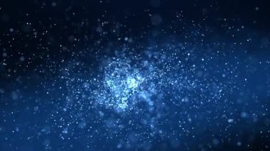 Doğum günü ve bayram kutlaması için soyut mavi parçacık animasyonu konsepti. Bokeh efektli 4K arkaplan ve koyu arkaplanda ışık parçacıkları. Yayılmış ışık efektli canlandırılmış çerçeveler.