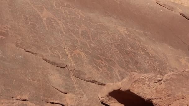 Petroglyfer Och Inskriptioner Wadi Rum Öknen Jordanien — Stockvideo