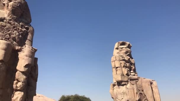Две Большие Каменные Статуи Колосси Мемнона Египет — стоковое видео