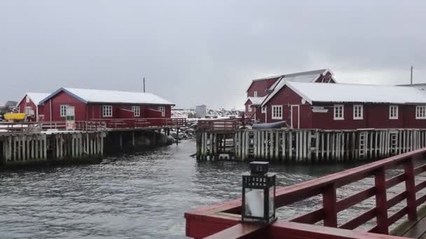 Вид Небольшой Городок Покрытый Снегом Деревня Лоффель Норвегия — стоковое видео