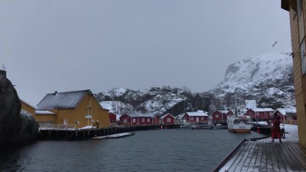 Nusfjord Fishing Village Лофотенские Острова Норвегия — стоковое видео