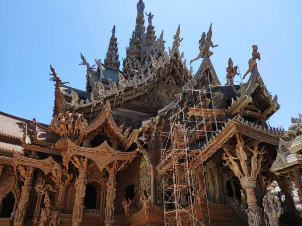 Bâtiment Bois Qui Est Hybride Temple Château Sanctuaire Vérité Thaïlande — Photo