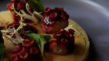 Kavrulmuş Akdeniz Octopus 'u tütsülenmiş Ispanaklı Paprika üzerine yumuşak beyaz mantarlı patates..