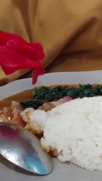 Seorang Wanita Menikmati Makan Daging Asap Bayam Kari Jepang — Stok Video