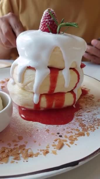 Woman Delights Strawberry Souffle Pancake Vanilla Ice Cream — Stock Video