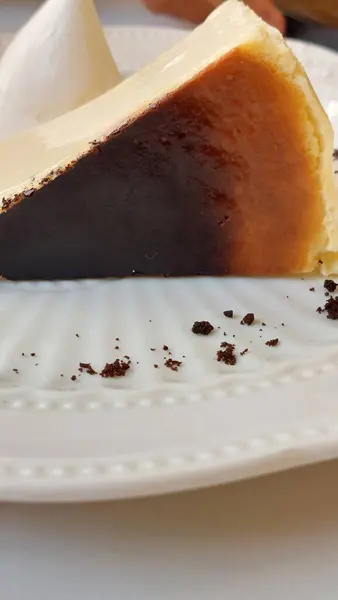 Basque burnt cheesecake presented on an elegant white plate.