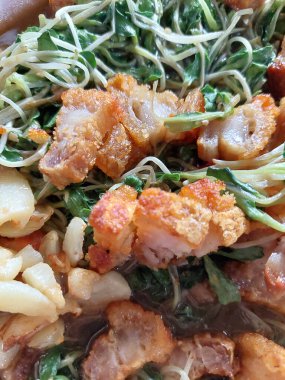 Ev yapımı Tayland usulü kızarmış domuz göbeği ve ayçiçeği lahanası..