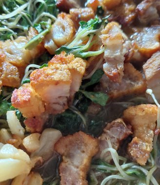 Ev yapımı Tayland usulü kızarmış domuz göbeği ve ayçiçeği lahanası..