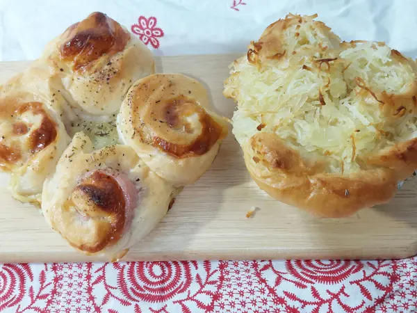 stock image Homemade Thai coconut bun and classic ham cheese bun.