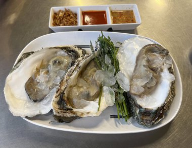 Bir tabak taze istiridye ve Tayland beyaz popinac.