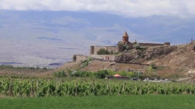 Ararat Dağı 'nın arka planında, Khor Virap' te yer alan üzüm bağlarıyla çevrili bir Ermeni manastırı.
