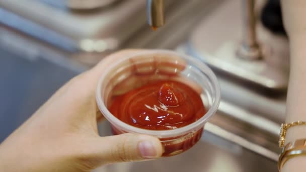 Close Shot Red Ketchup Dispenser Fast Food Restaurant Dispenser Has — Stock Video