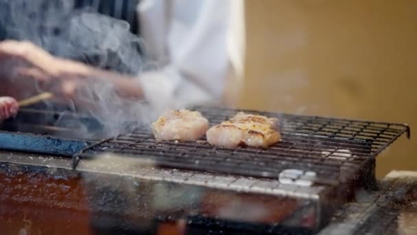 Stick Food Grilling Billowing Smoke Adds Element Smoky Aroma Watch — Stock Video