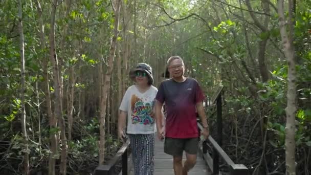 Old Asian Couple Walks Together Amidst Enchanting Beauty Asian Forest — Stock Video
