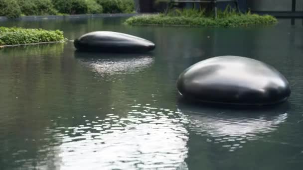 Pond Serenely Framed Two Imposing Black Rocks Still Waters Reflect — Stock Video