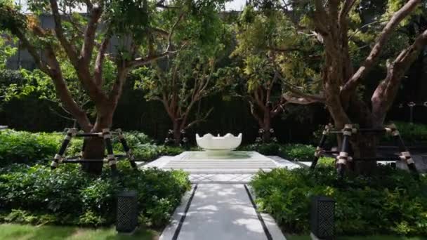 对称的豪华花园 拥有宏伟的喷泉 富饶和谐的绿洲 精准的设计 这幅精美的风景以完美的平衡布局为特色 构成了一个华丽的喷泉 — 图库视频影像