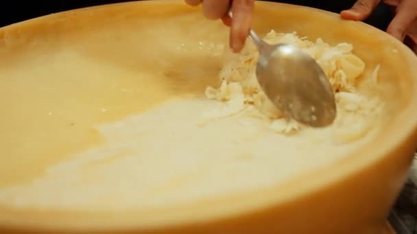 Spoon Delicately Scrapes Luscious Cheese Wheel Creamy Texture Rich Aroma — Stock Video