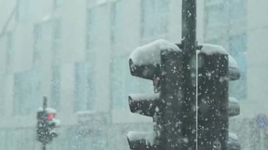 Trafik ışığını örten yoğun kar yağışı. Düşen kar taneleri, soğuk havayı ve kentsel kış ortamlarını resmetmek için mükemmel bir ortam yaratıyor. Yüksek kalite 4k görüntü