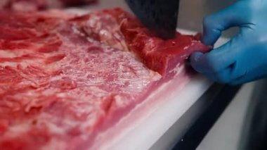 Bir kasap ustalıkla domuz etini kesiyor, her dilimin dokusunu ve hassasiyetini gözler önüne seriyor. Ayrıntılı hareket geleneksel kesim tekniklerini vurguluyor. Mutfak içeriği için mükemmel.