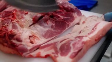 Mavi eldiven giyen, domuz etini dikkatlice kesen, altını çizme tekniği ve taze doku kullanan bir kasabın yakın çekimi. Temiz, profesyonel kurulum, mutfak videoları için ideal olan hijyen ve beceriyi vurguluyor.